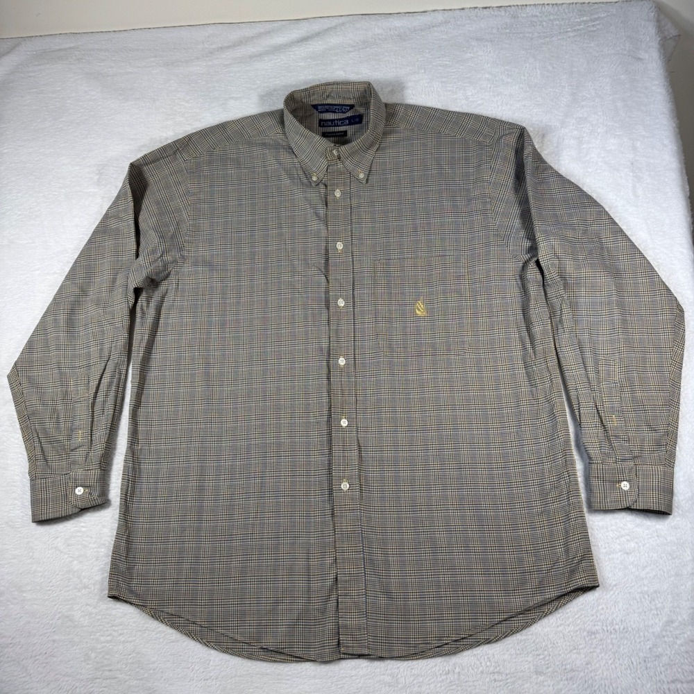 Nautica Button Down Shirt Mens L Blue Yellow Excellent Pinpoint Oxford Plaid